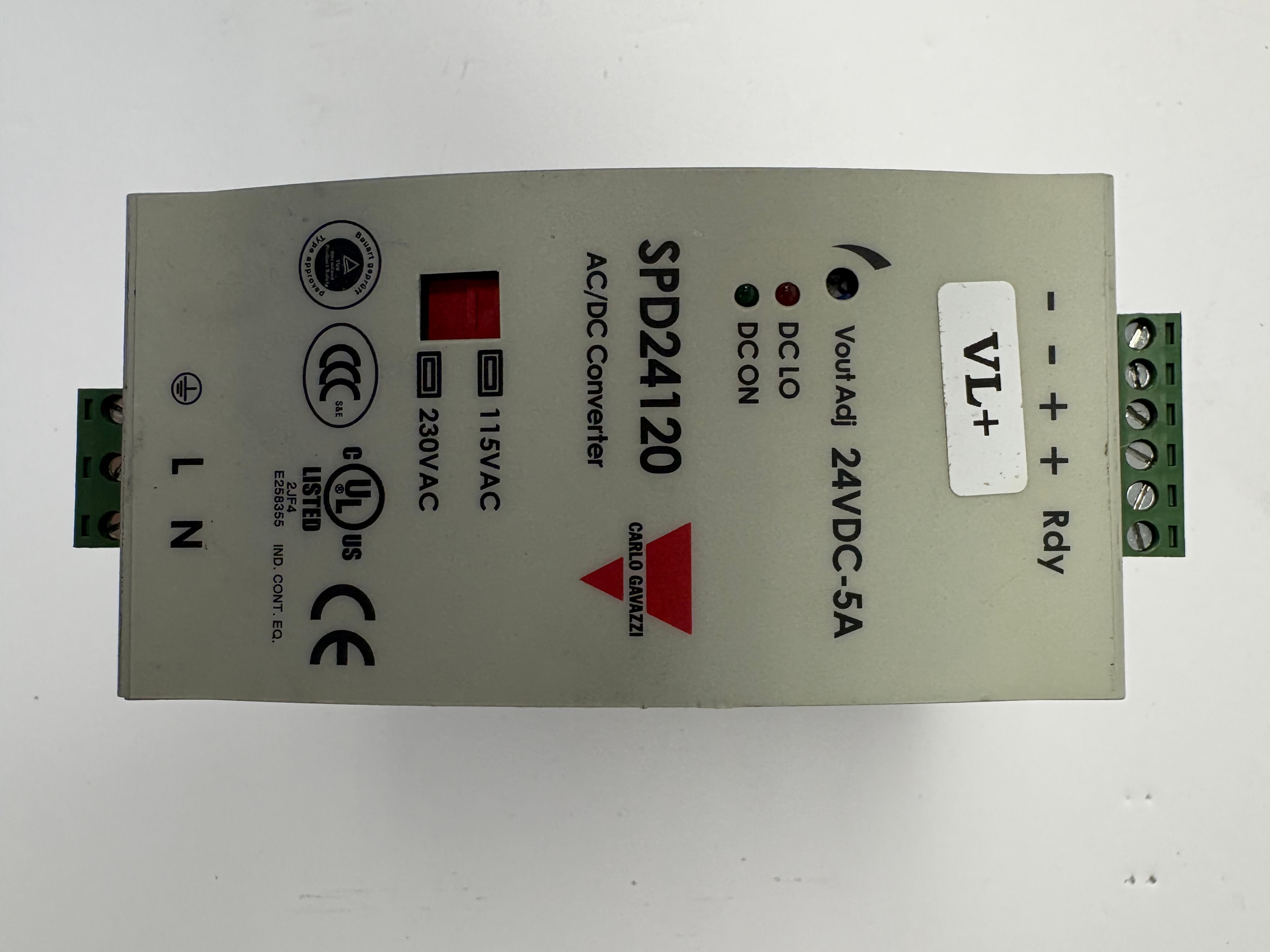 Carlo Gavazzi SPD24120 AC/DC converter front view — 24VDC 5A