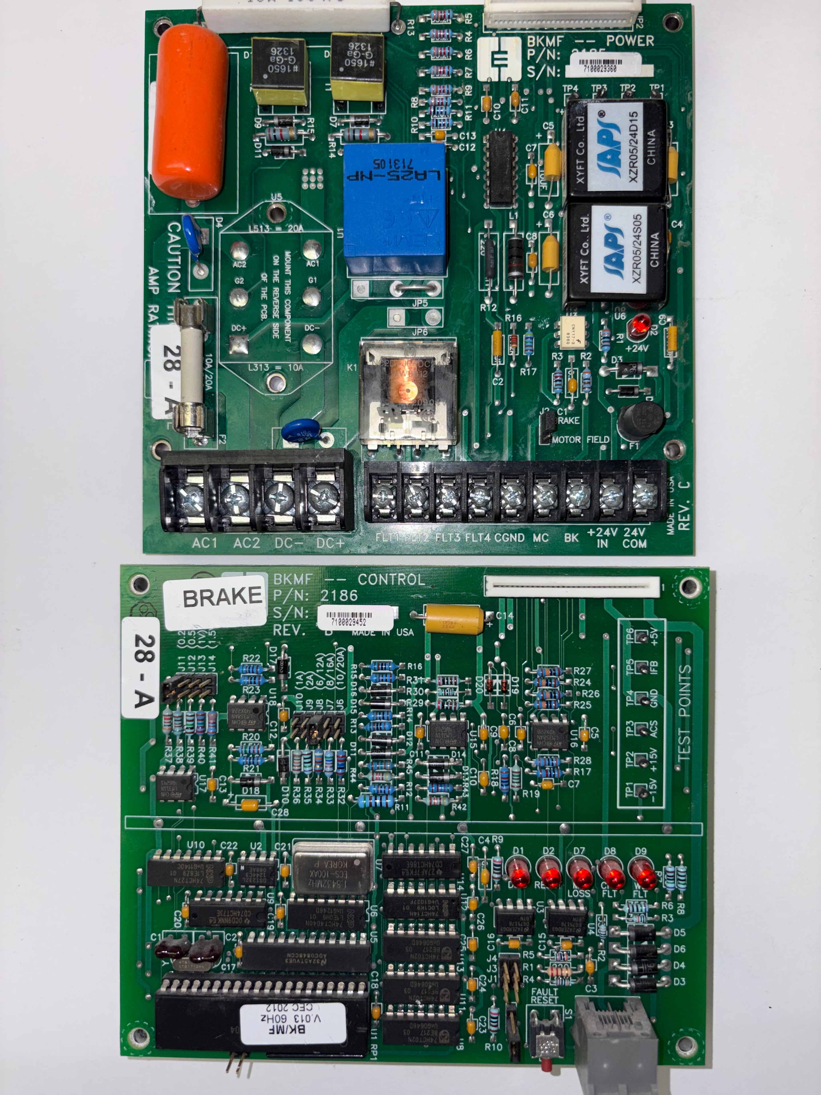 CEC BK-MF POWER P/N 2185 brake motor field power board — SAPS XZR05/24S05 + XZR05/24D15 DC/DC converters, LR25-NP current sensor, K1 relay, fuses F1/F2, BRAKE and MOTOR FIELD screw terminal blocks, POWER and CGND terminals