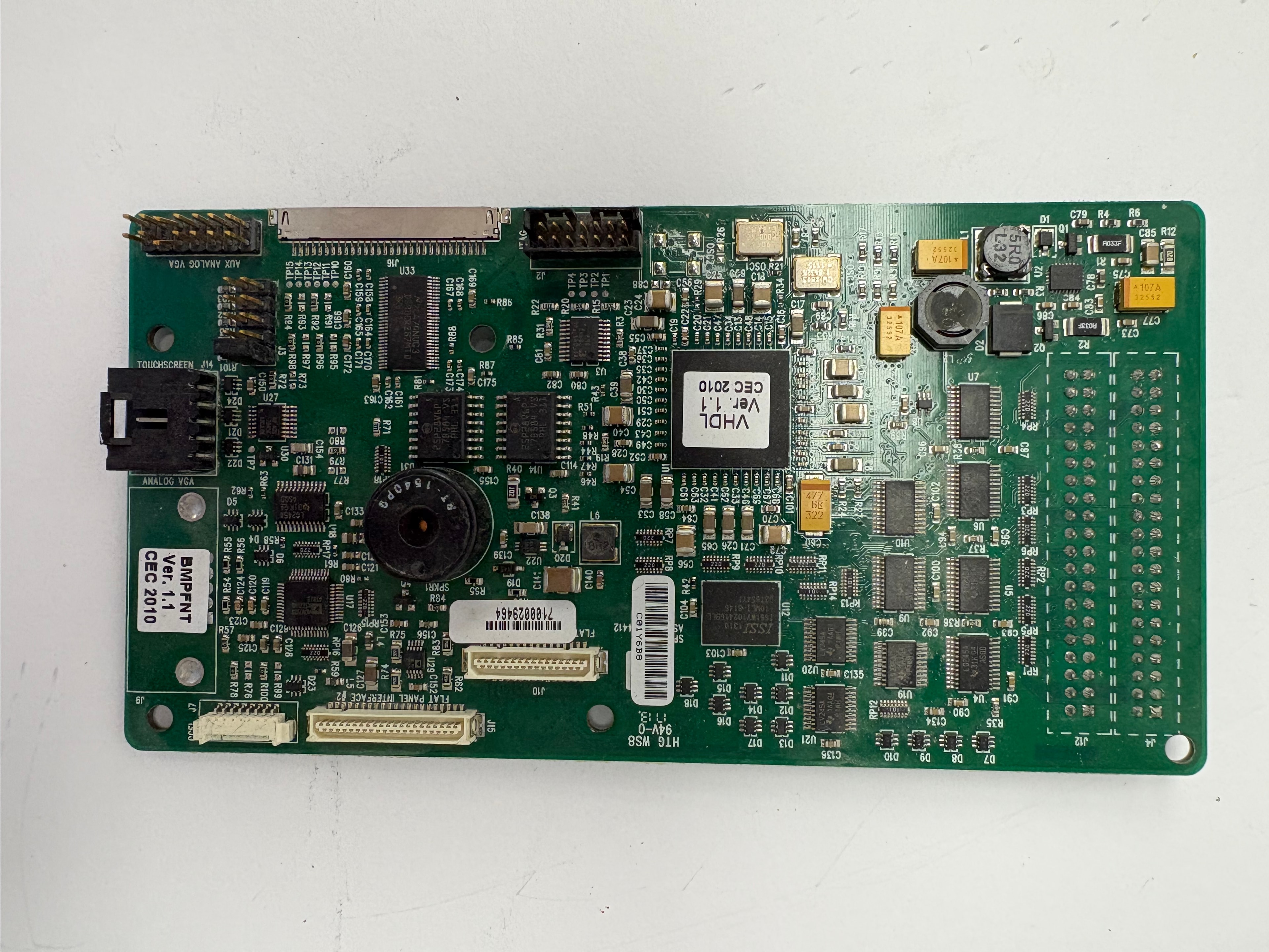 CEC BMPFNT Ver 1.1 CEC 2010 front panel display board — VHDL Ver 1.1, ISSI memory, flat panel interface, touchscreen connector, AUX ANALOG VGA, HTG WS8 94V-0