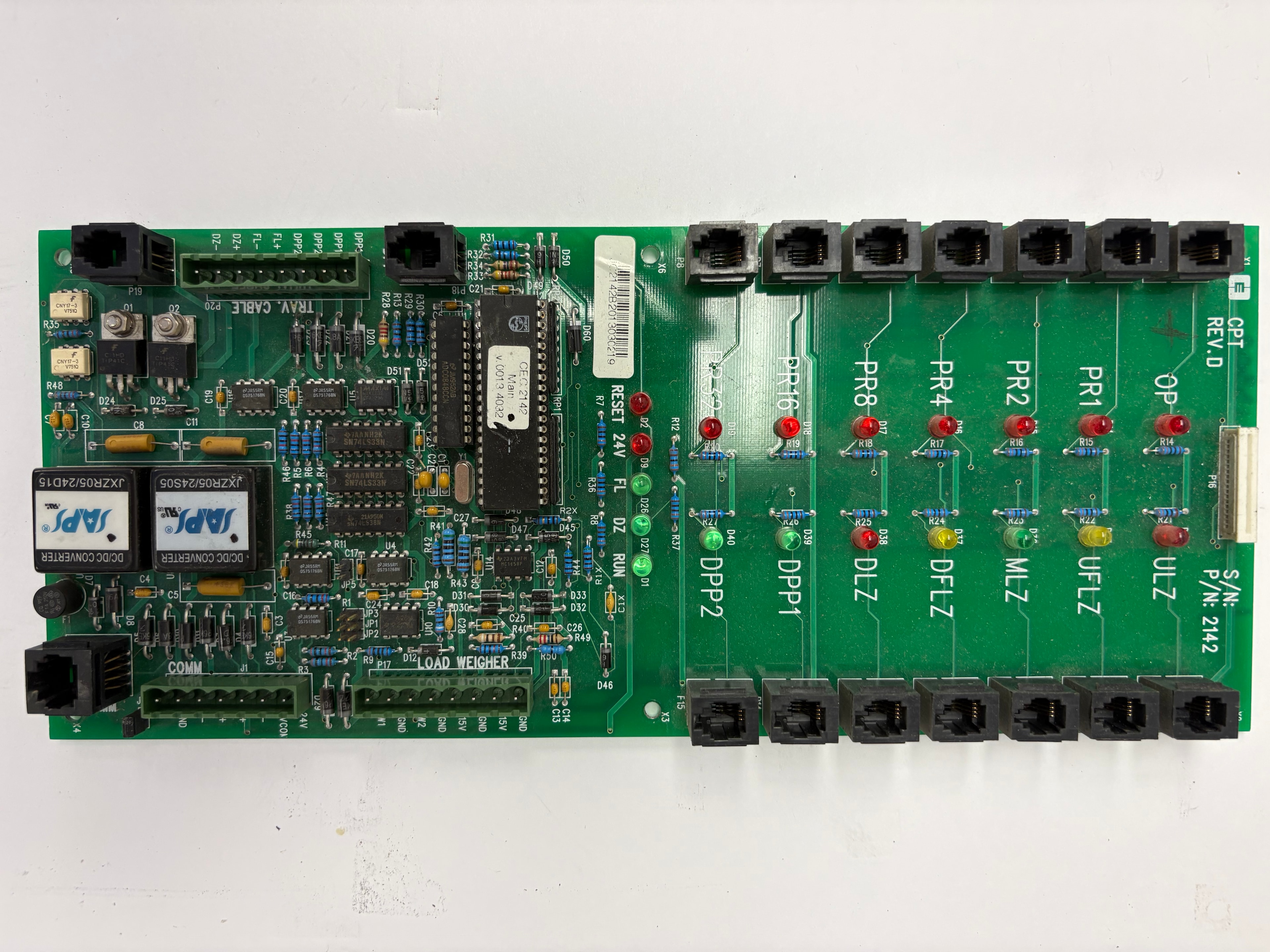 CEC CPT P/N 2142 Rev D car position leveling board — SAPS DC/DC converters ×2, LED indicators OP/PR1/PR2/PR4/PR8/PR16/ULZ/UFLZ/MLZ/DFLZ/DLZ/DPP1/DPP2, RUN/DZ/FL/RESET 24V