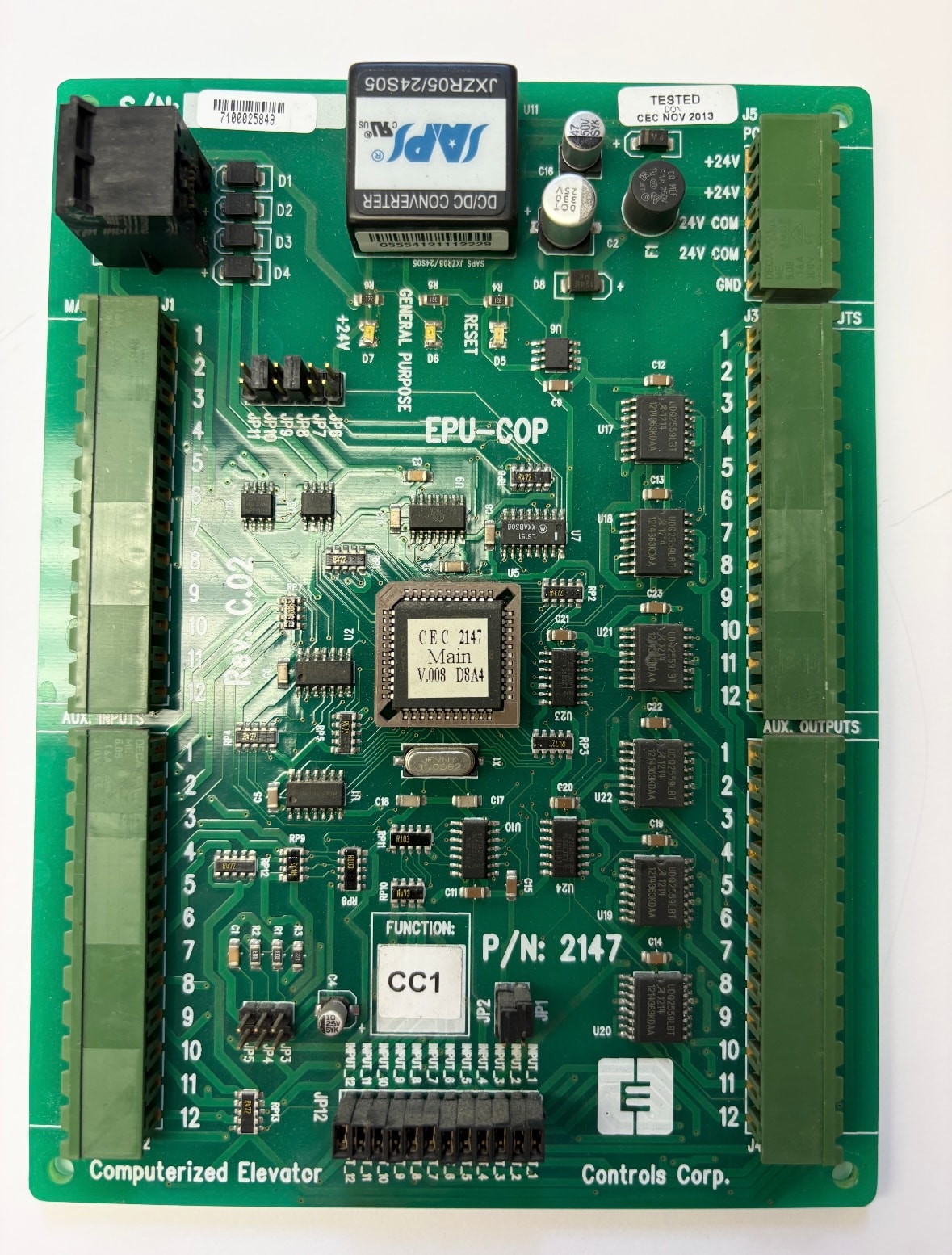 CEC EPU-COP P/N 2147 green circuit board — Futura system, CEC 2147 Main V.008 D8A4 processor, SAPS JXZR05/24S05 DC/DC converter, Function CC1, AUX INPUTS/OUTPUTS terminals, Computerized Elevator Controls Corp. label