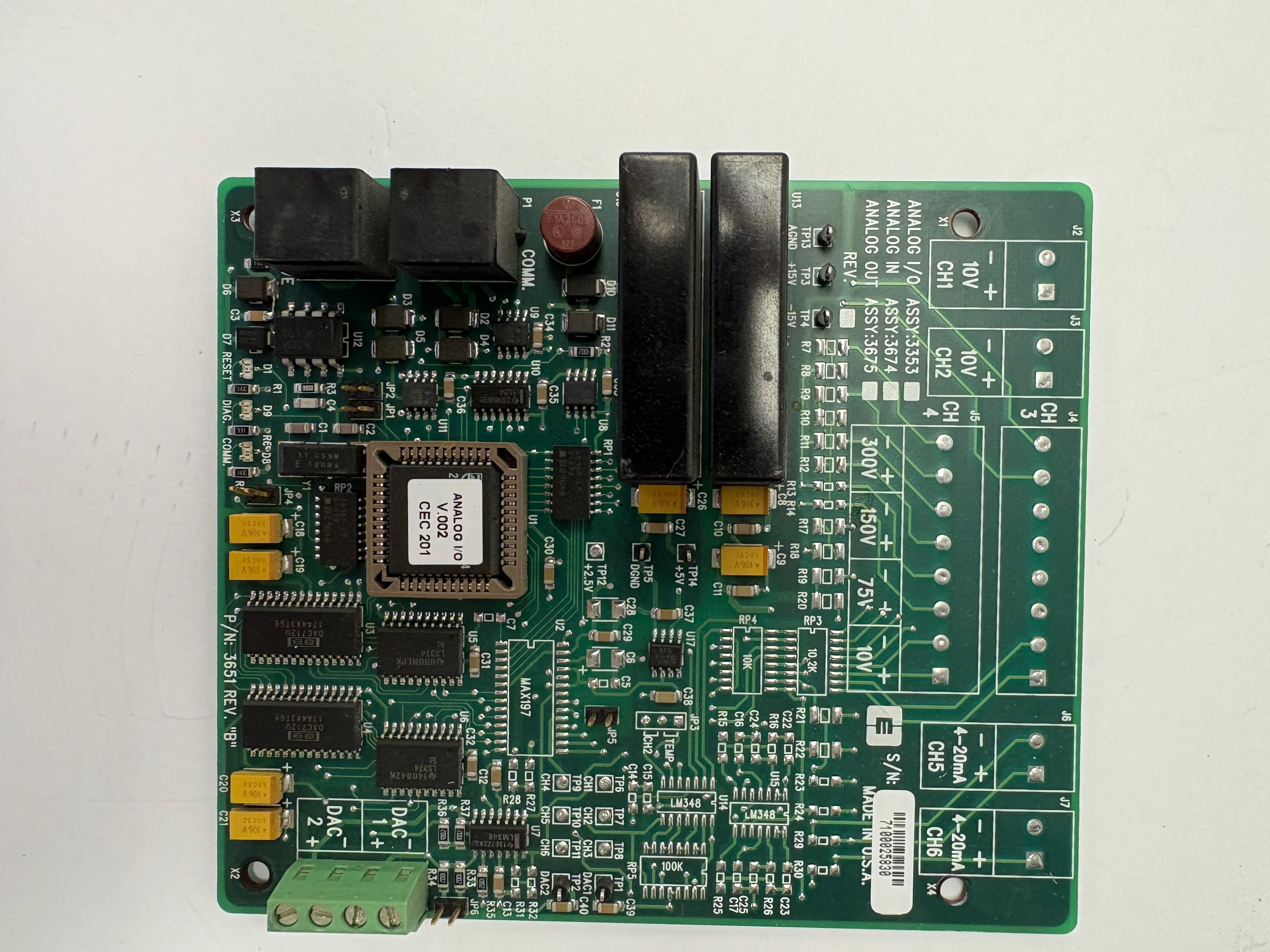 CEC P/N 3651 Rev B analog I/O board — MAX197 ADC, LM346, DAC1/DAC2, CH1–CH6 4–20mA outputs, ±10V/75V/150V/300V analog inputs, Made in USA