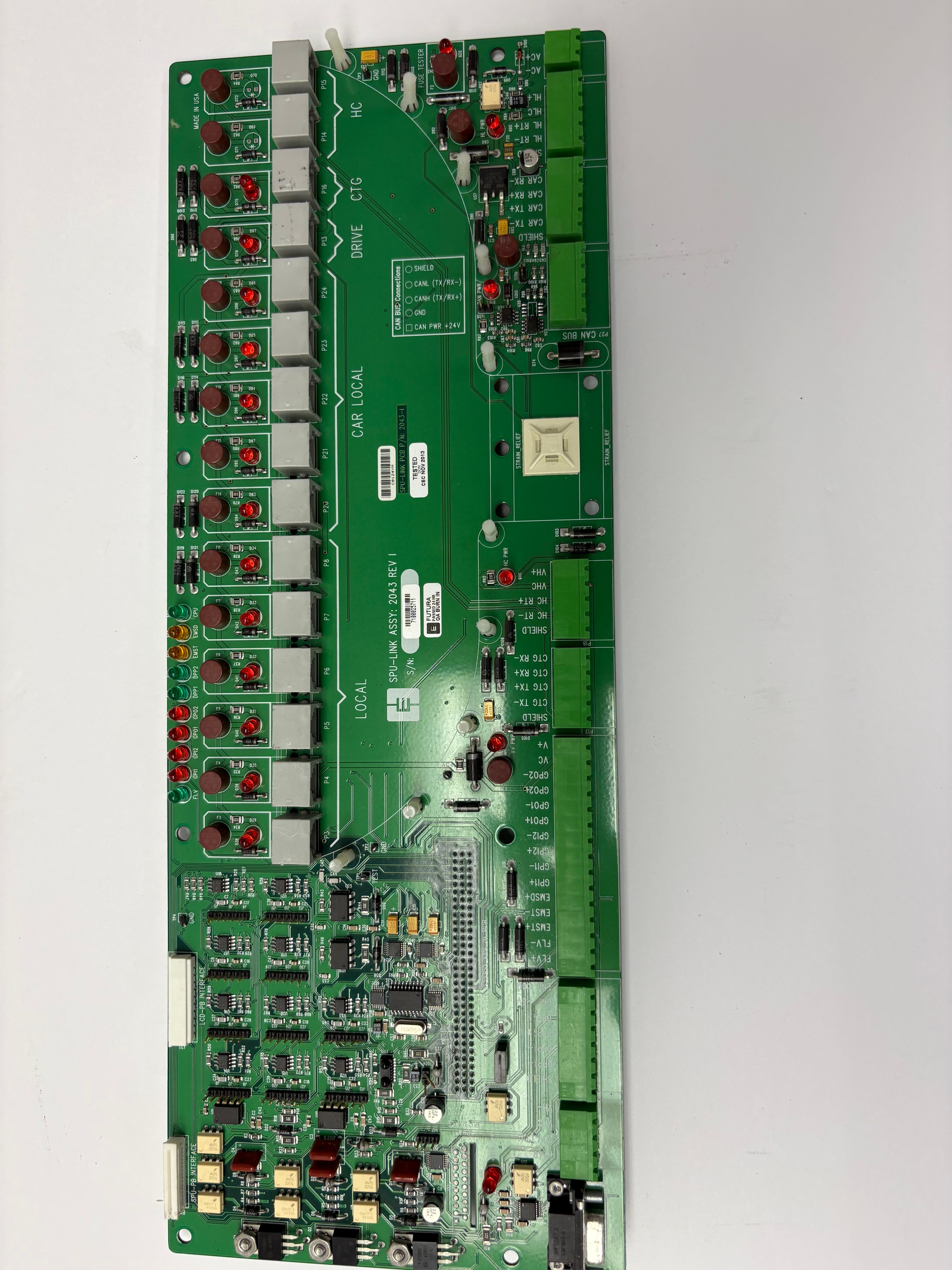 CEC Futura SPU-Link ASSY 2043 Rev I serial processing unit link board — LOCAL/CAR LOCAL/DRIVE/CTG/HC sections, CAN BUS, STRAIN RELAY, SPU-PB and CD-PB interfaces, Made in USA