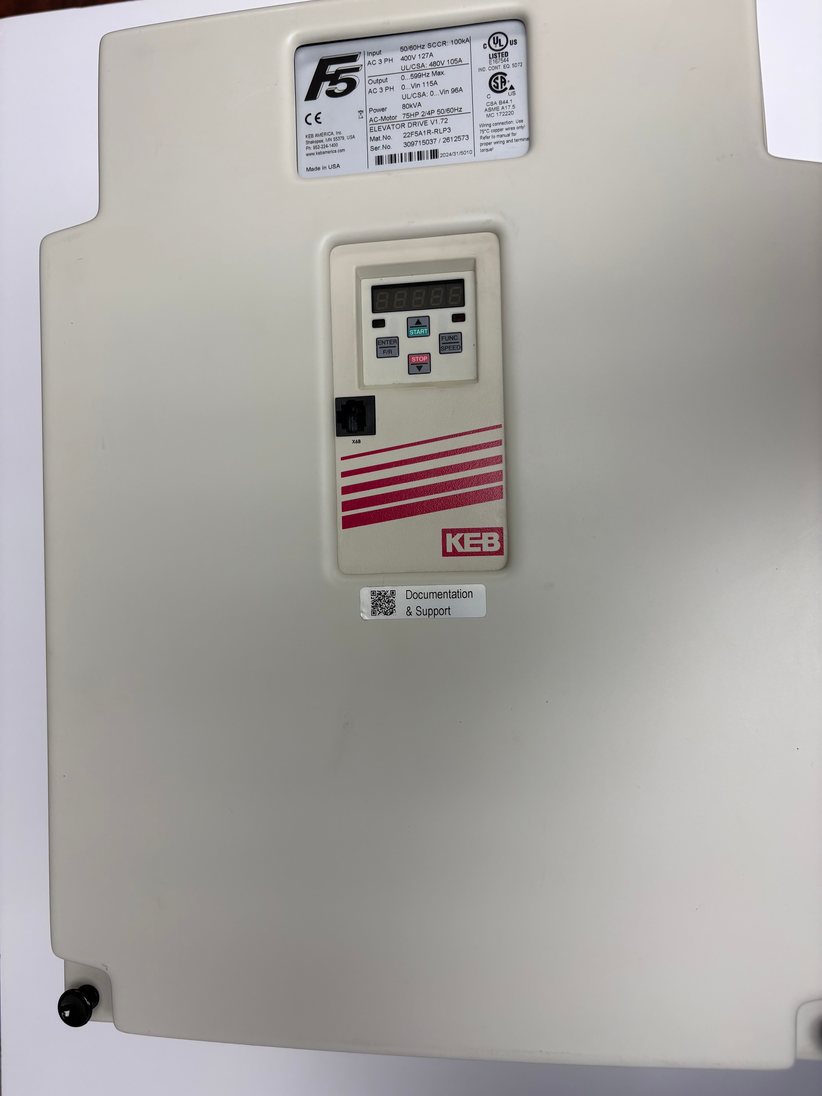 KEB F5 75HP elevator drive front view with keypad — Mat. No. 22F5A1H-RLP2