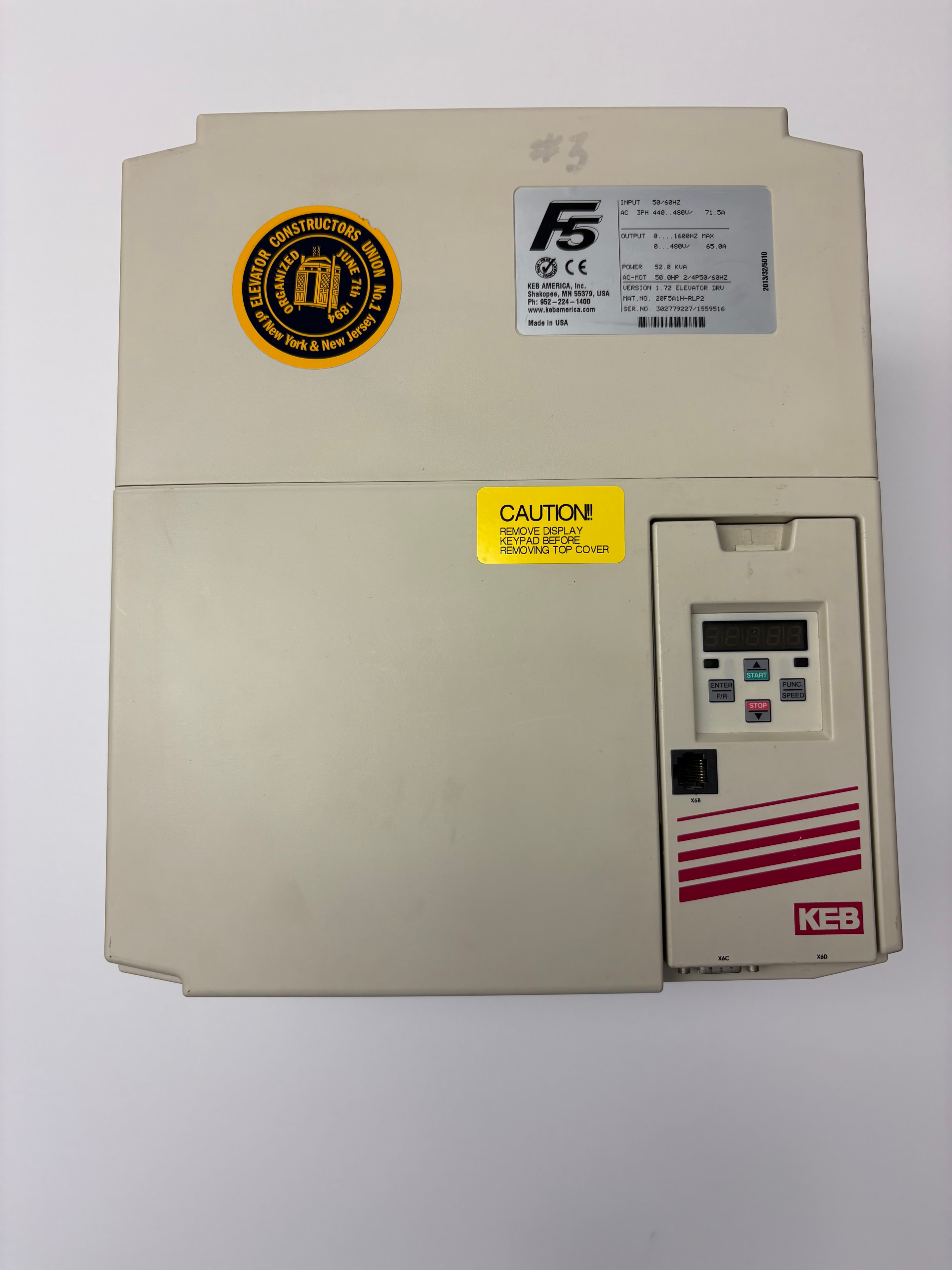 KEB F5 30HP elevator drive front view with keypad and label