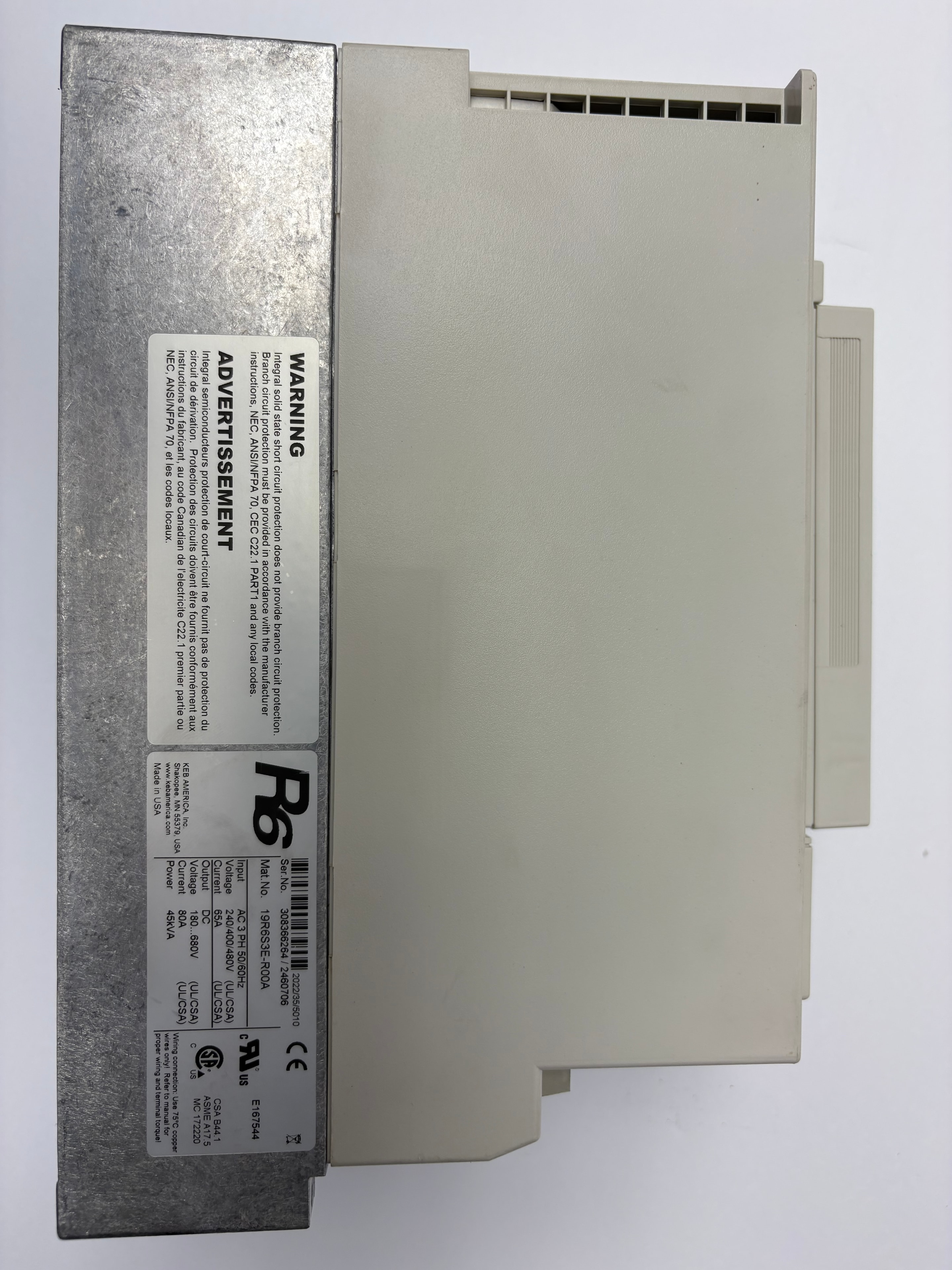 KEB R6 elevator drive label — Mat. No. 19R6S3E-R00A, 45kVA, 240/400/480V input