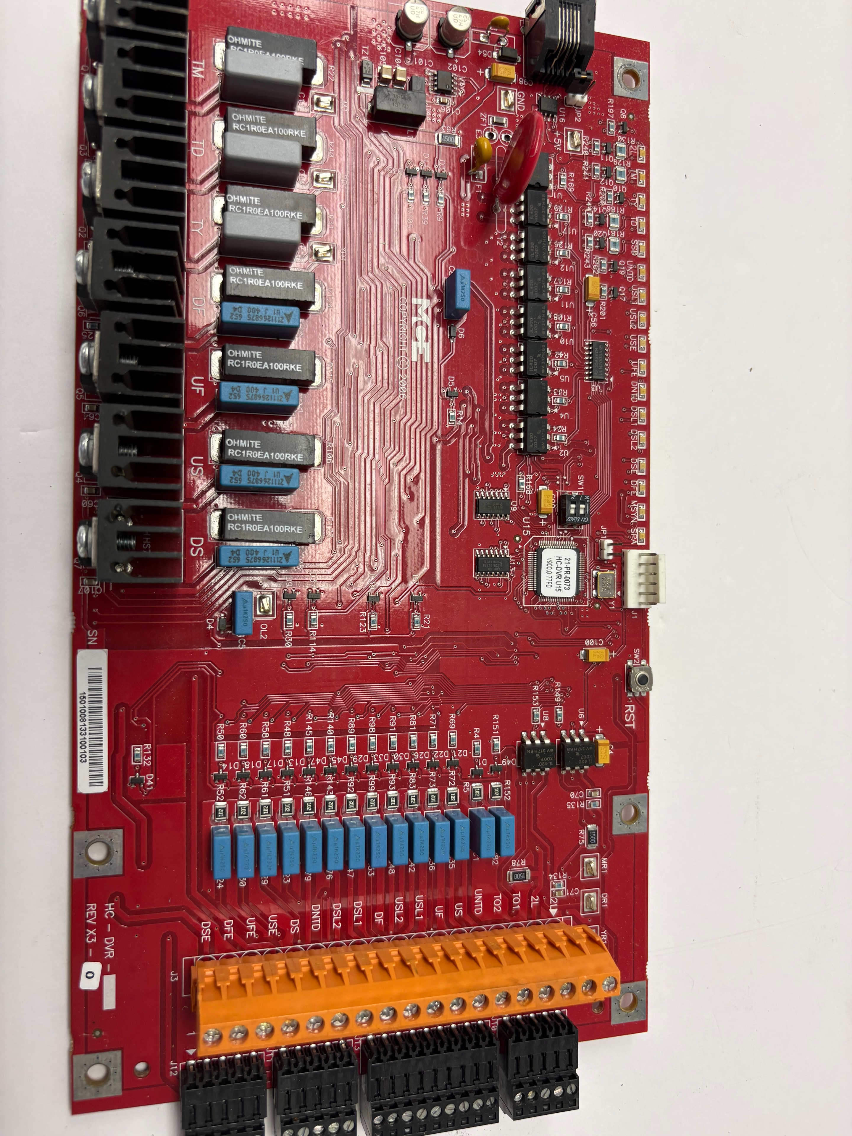 MCE Engineering HC-DVR drive interface board — red PCB with Ohmite resistors, blue trim pots, REV X3–0, Copyright 2006